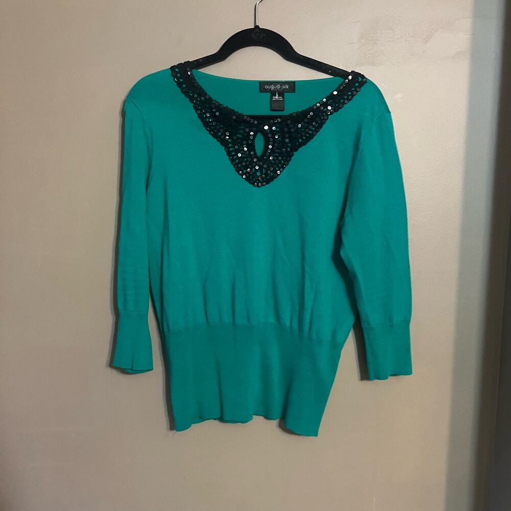 August Silk Women's Green Knit Sweater, Black Sequin Collar & 3/4 Sleeves, Large - Picture 5 of 12